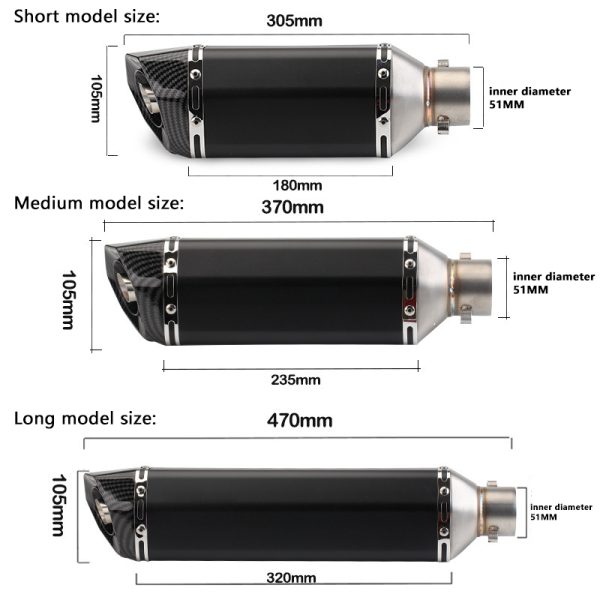 Motorcycle scooter exhaust modification, 470mm small hexagonal, imitation carbon fiber tail section, 51mm universal, multiple colors, sizes and models